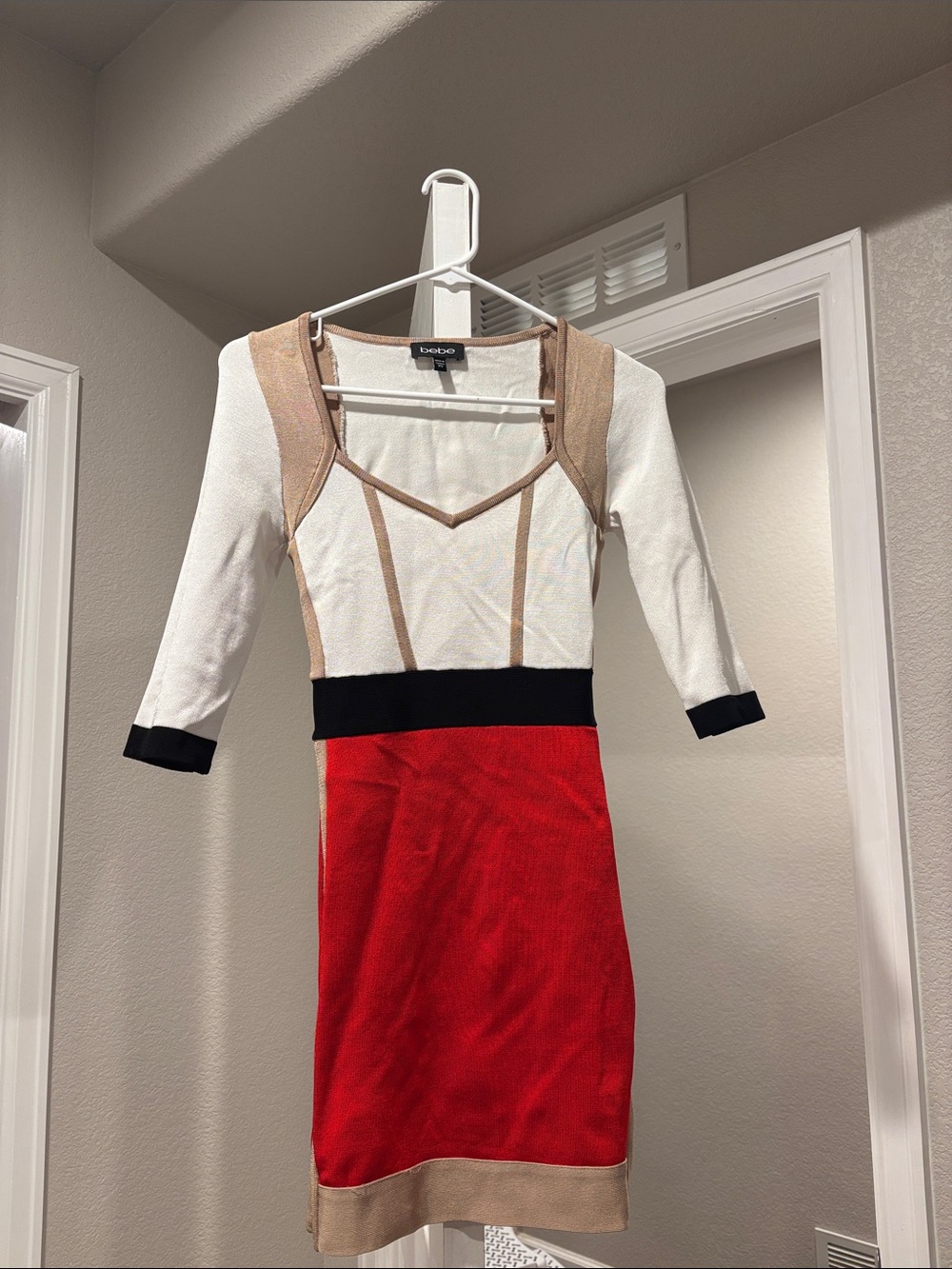 bebe Red, White, Beige & Black Colorblock Long Sleeve Bodycon Dress